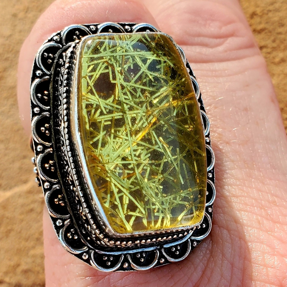 New Huge Gold Rutilated Quartz 925 Silver Ring.